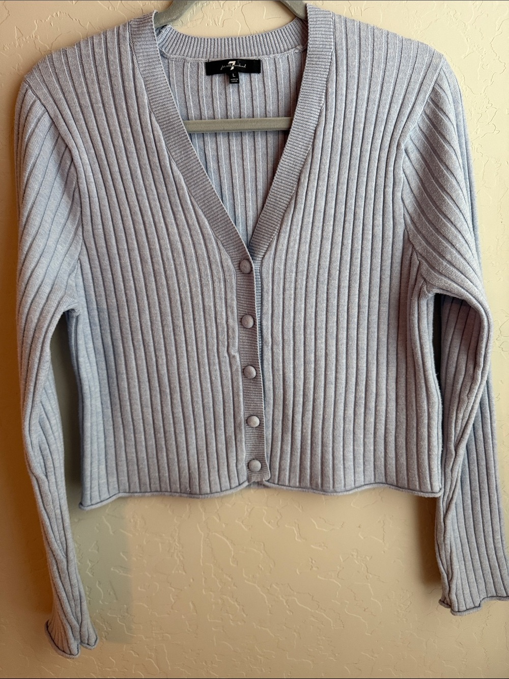 7 For All Mankind Light Blue Ribbed V-Neck Button Cardigan
